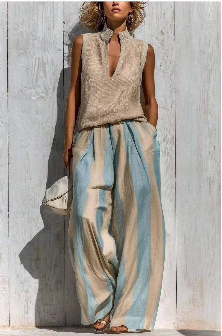 Women's Textured Knit V-Notch Stand Collar Tank & Striped Wide-Leg Palazzo Pants Set