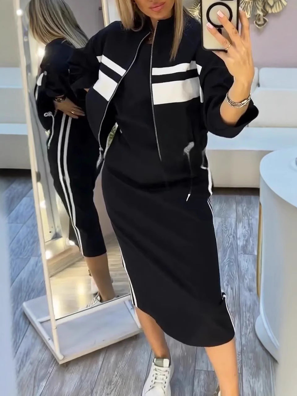 Women's Zip-Up Bomber Track Jacket & Bodycon Midi Dress Set