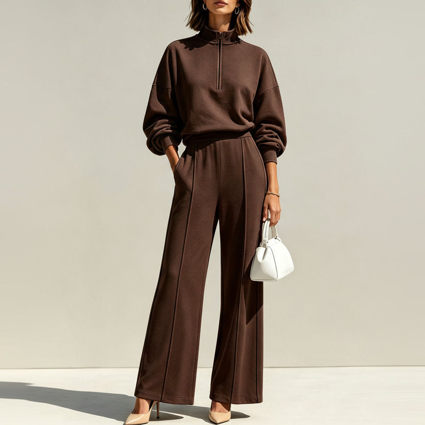 Women's Half-Zip Hoodie & Wide-Leg Pants Set