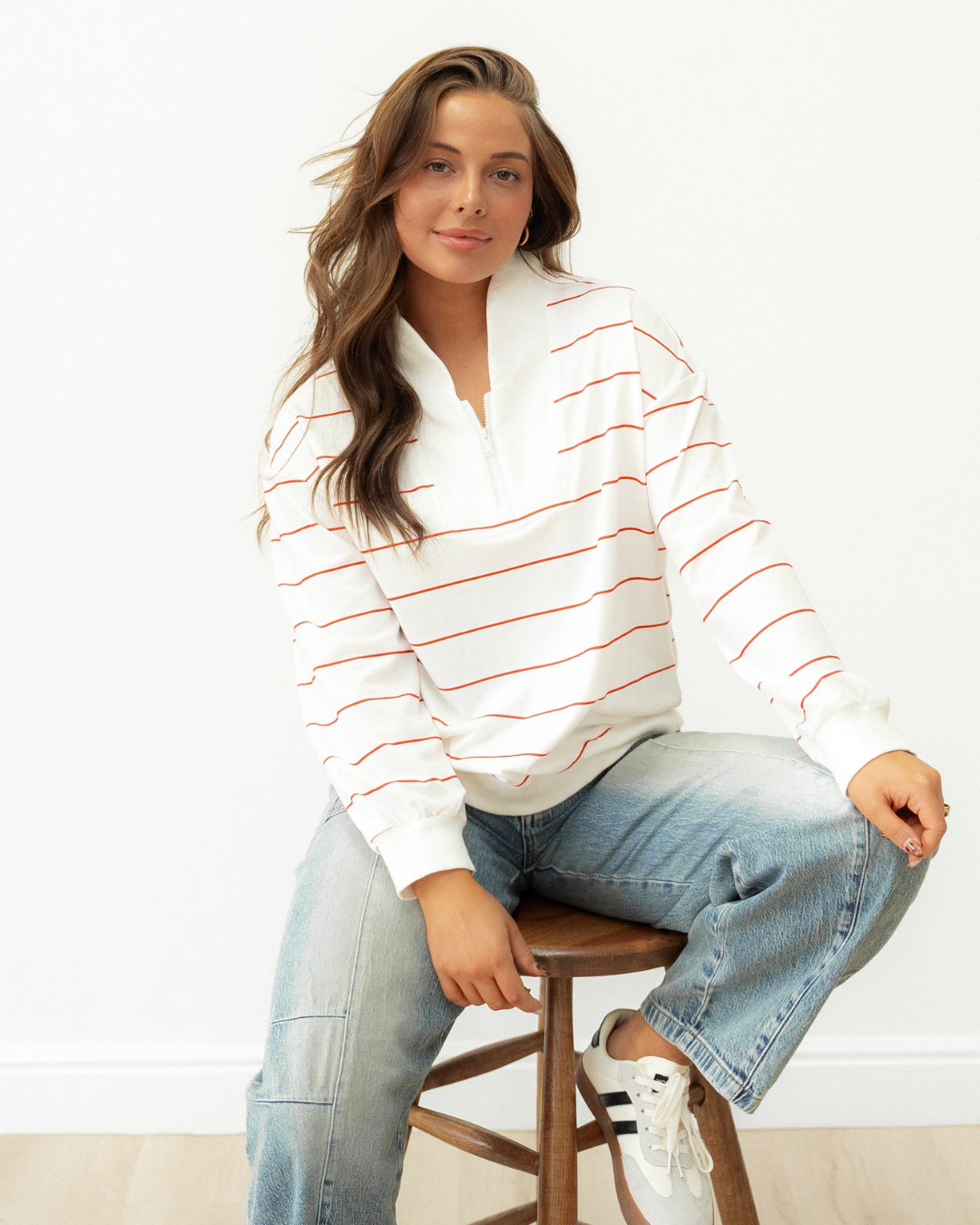 Madison Striped Zipper V-Neck Drop Sleeve Top - Red