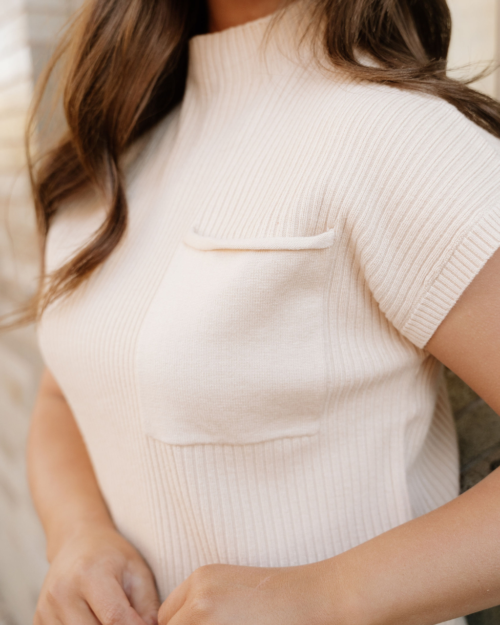 Mya Pocket Ribbed Knit Short Sleeve Sweater