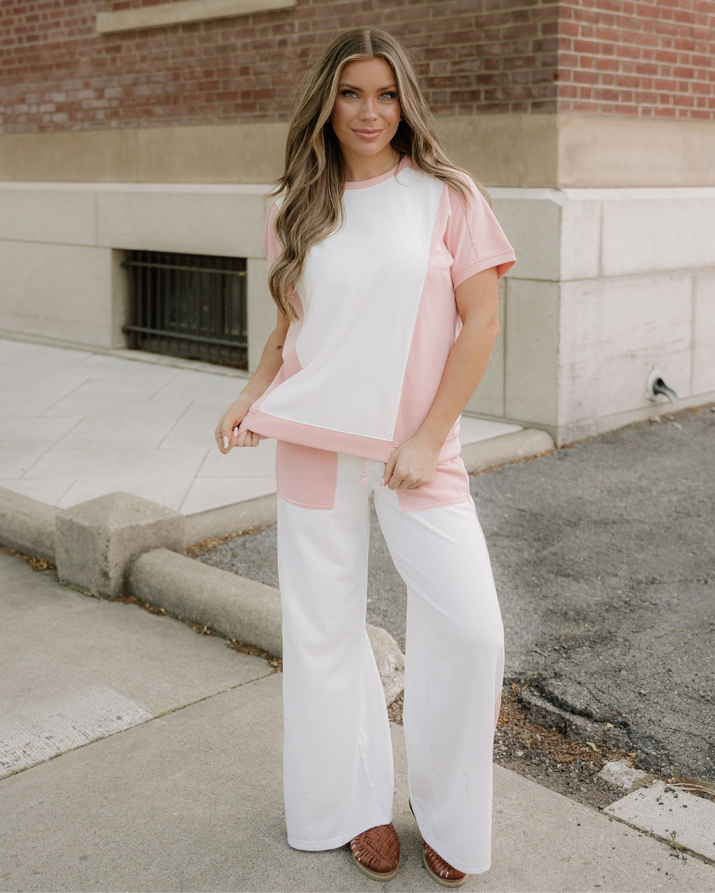 Naylani Color Block Patchwork Tee Drawstring Loose Pant Set