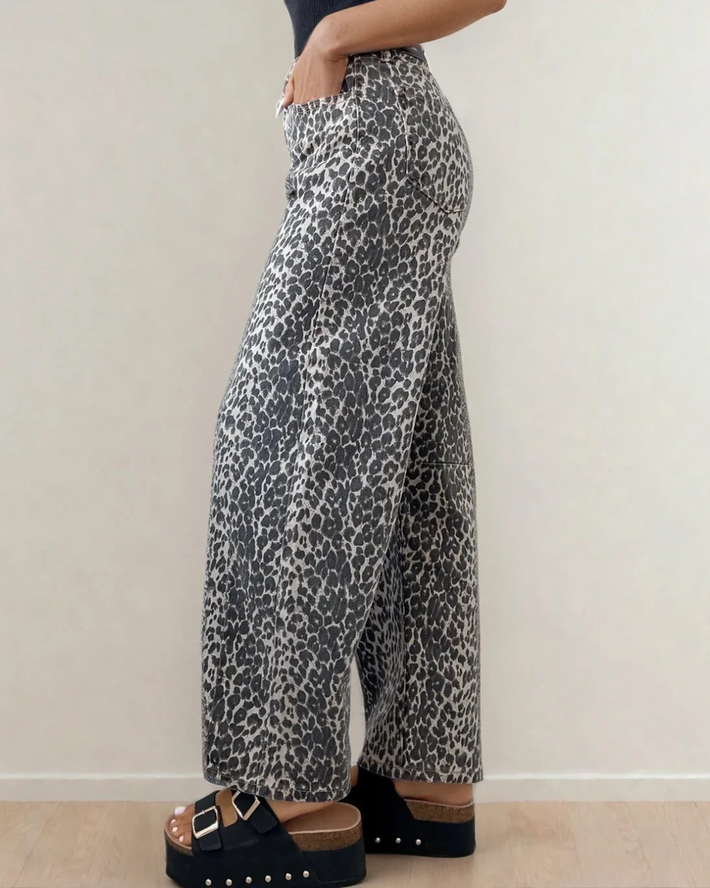 Naeve Leopard Print High Waist Barrel Jeans