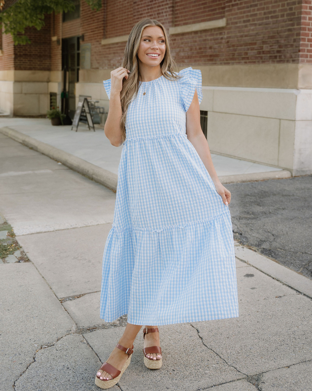 Gingham Knot Back Ruffled Maxi Dress