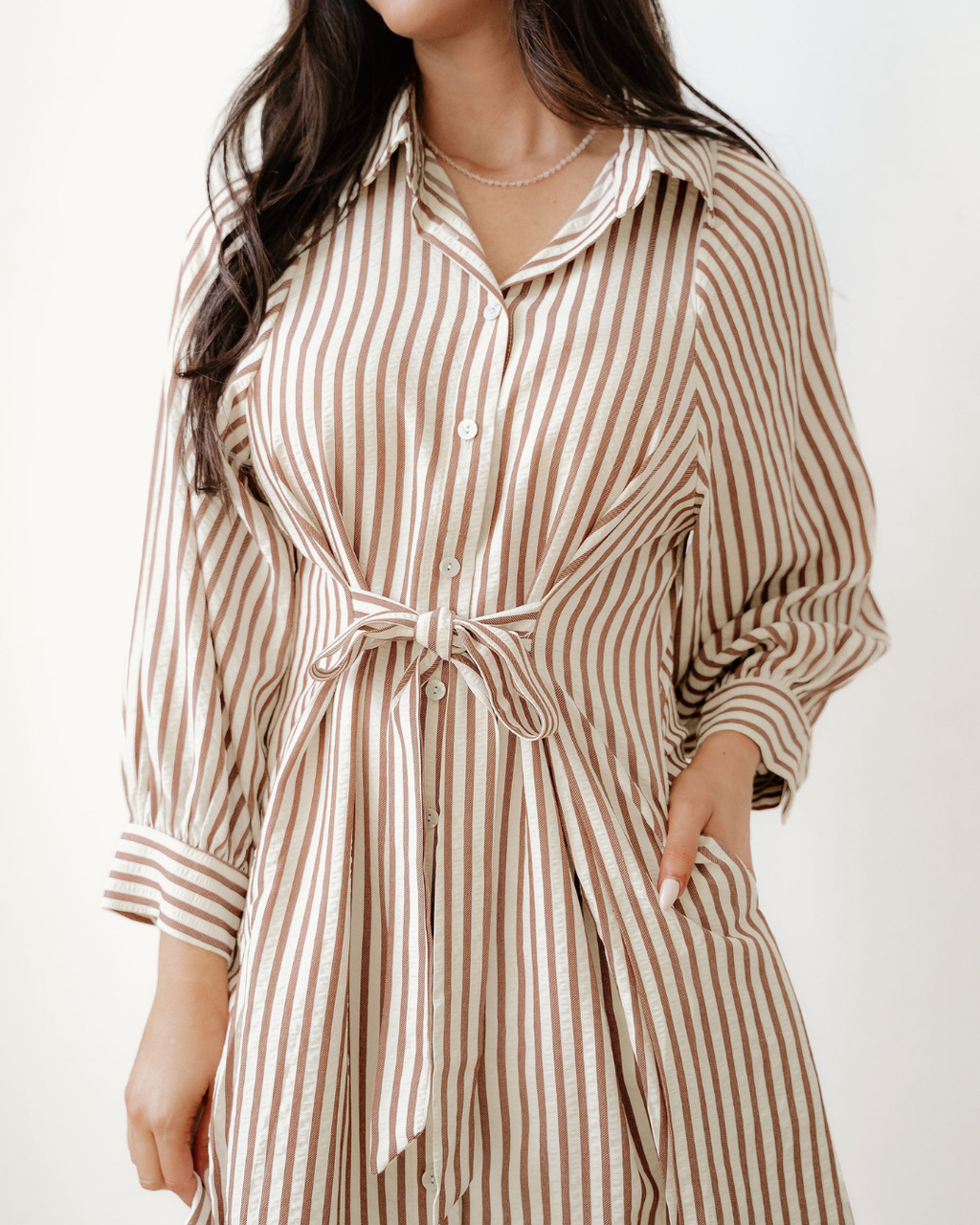 Serena Stripe Knot Waist Puff Sleeve Button Down Mini Shirt Dress