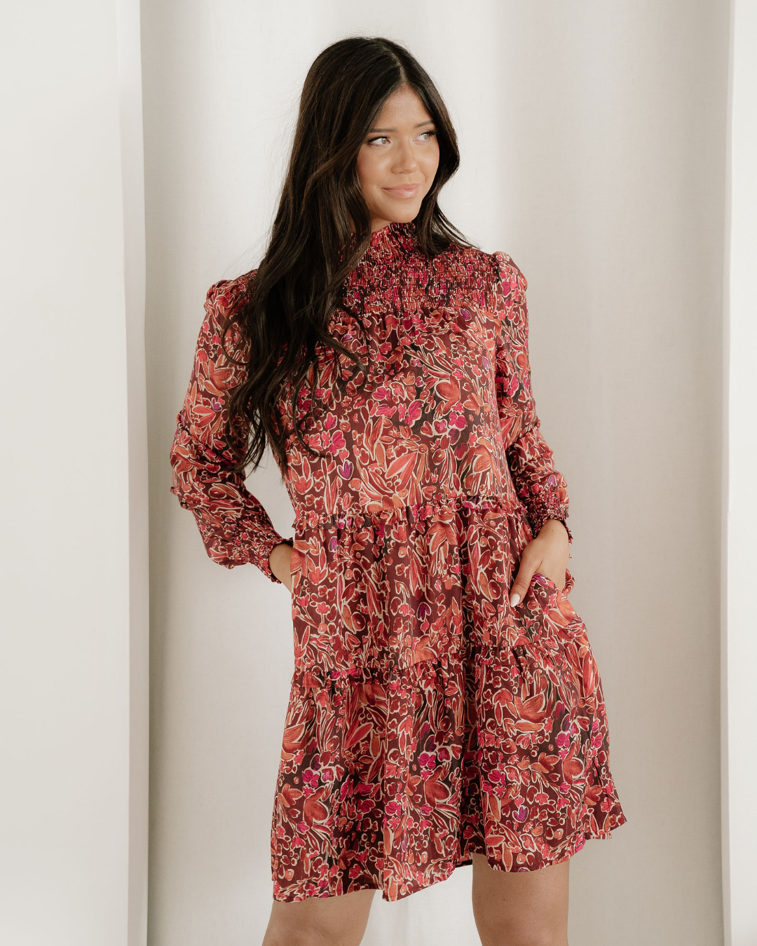 Lilith Shirred High Neck Loose Mini Dress