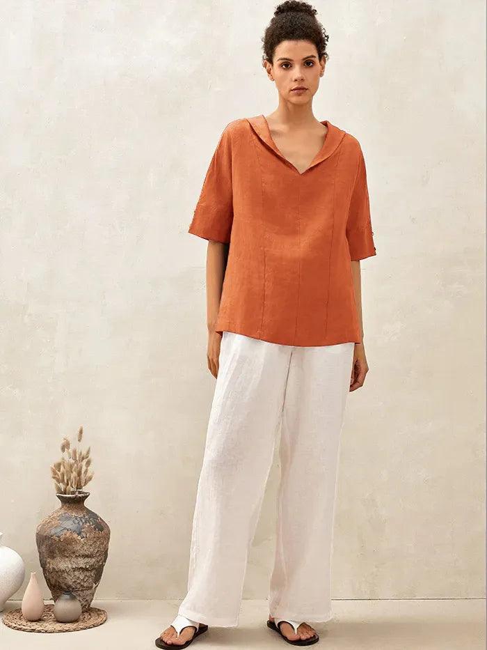 Linen V Neck Short Sleeve Shirt PENNY