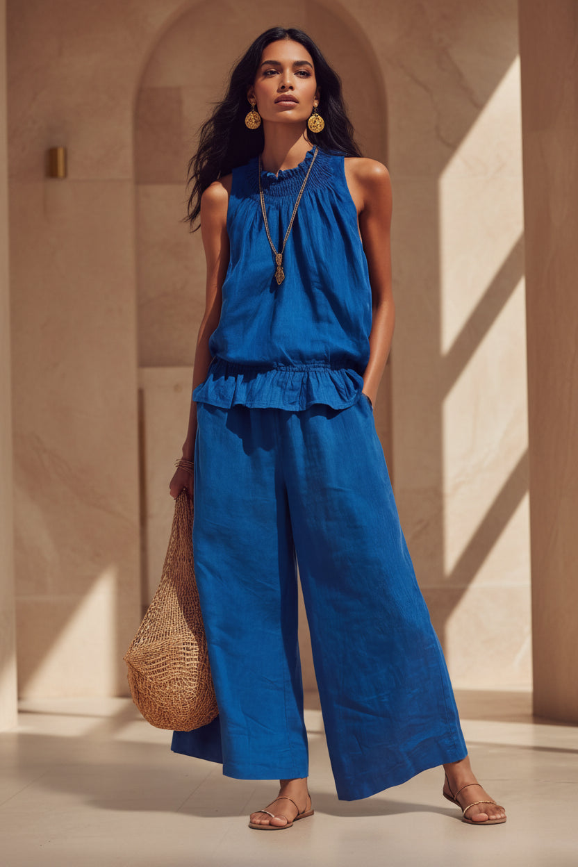 Women's Smocked Neckline Ruffle Hem Linen Tank & Wide-Leg Cropped Pants Set