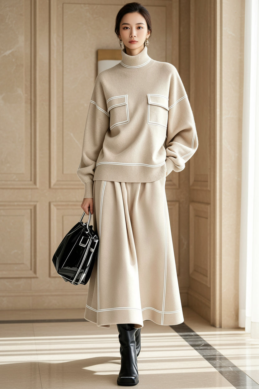 Women's Turtleneck Balloon-Sleeve Knit Top & A-Line Midi Skirt Set with Contrast Topstitching