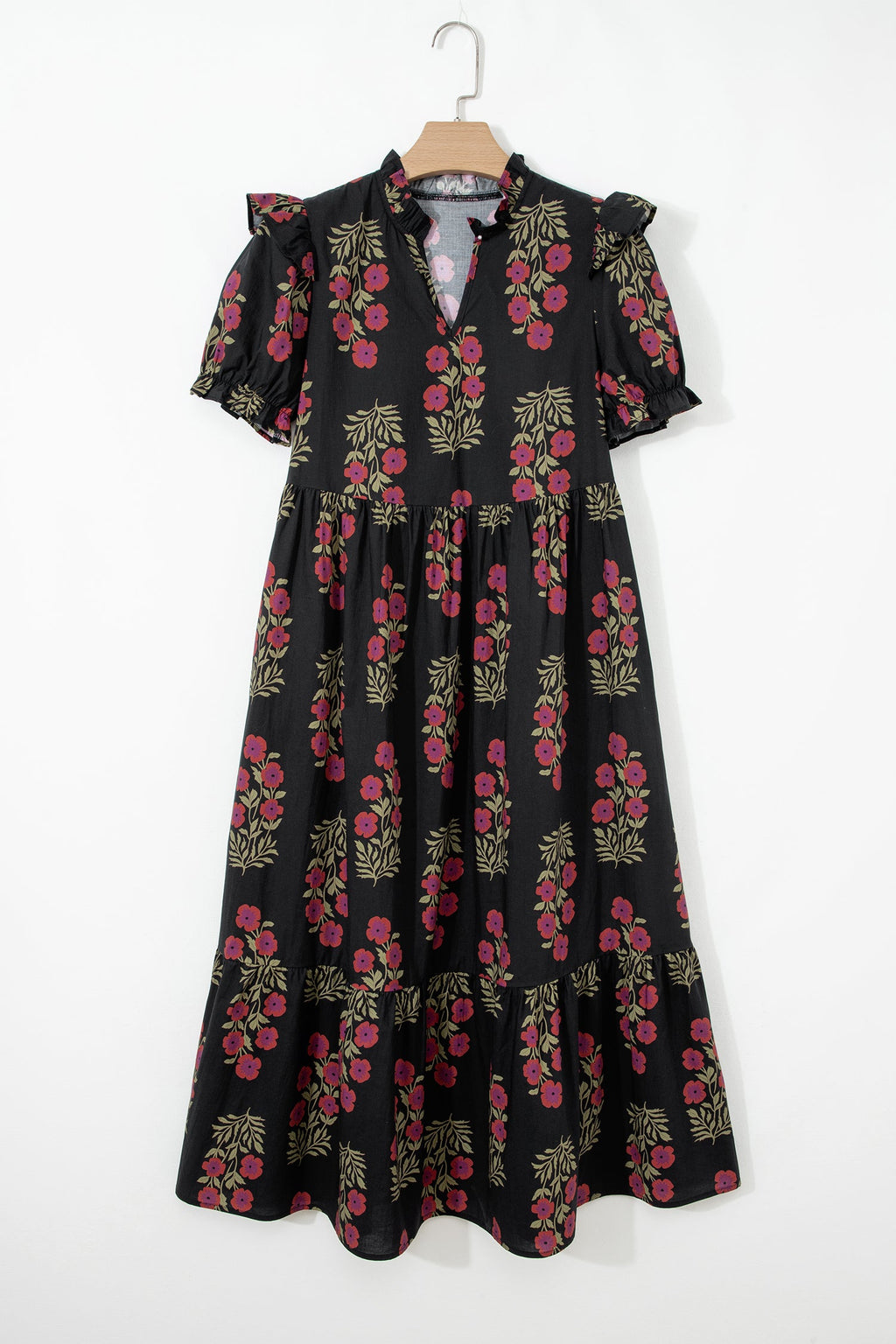 Kali Floral Short Bubble Sleeve Tiered Maxi Dress - Black