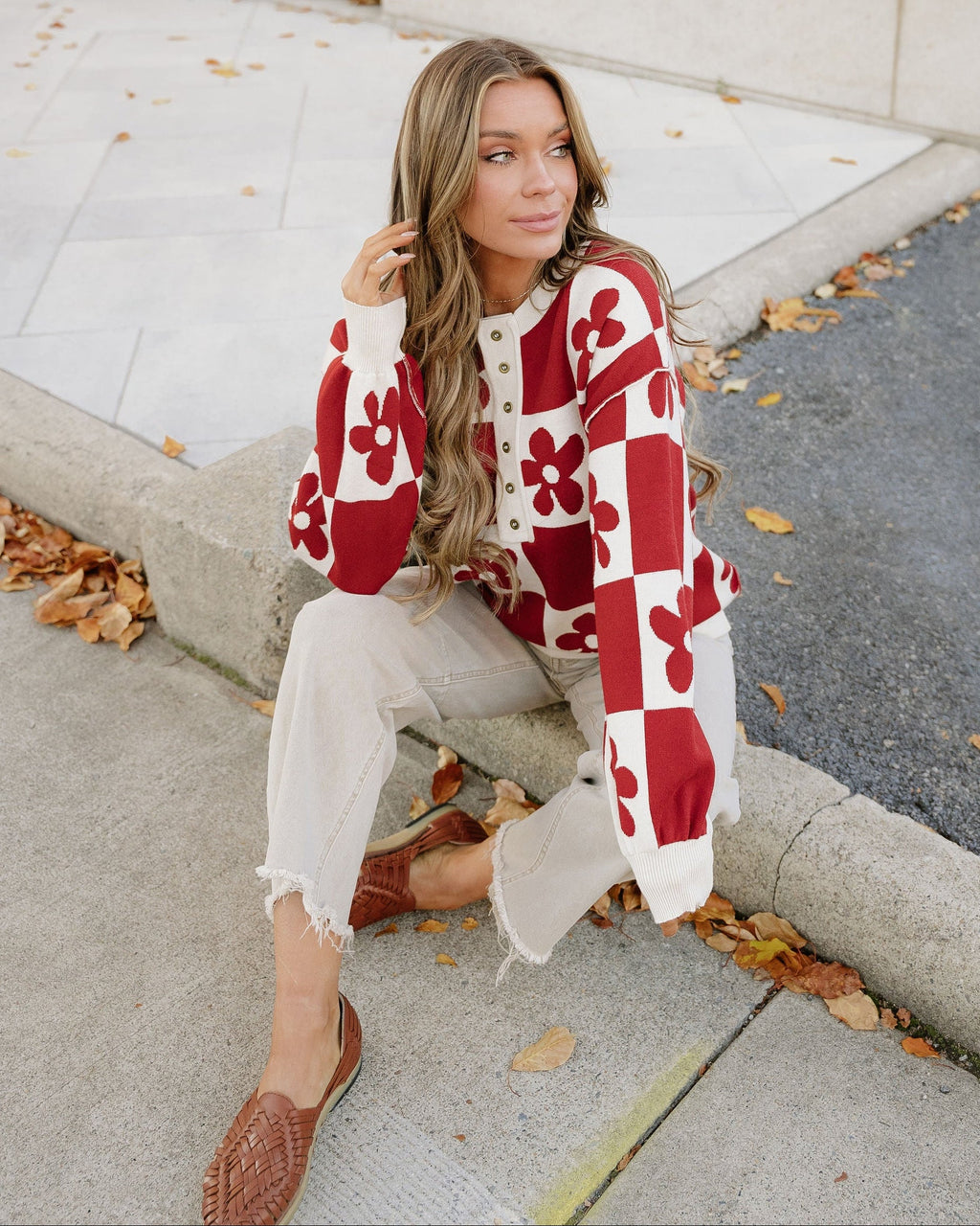 Flower Power Checkered Henley Sweater - Red Dahlia