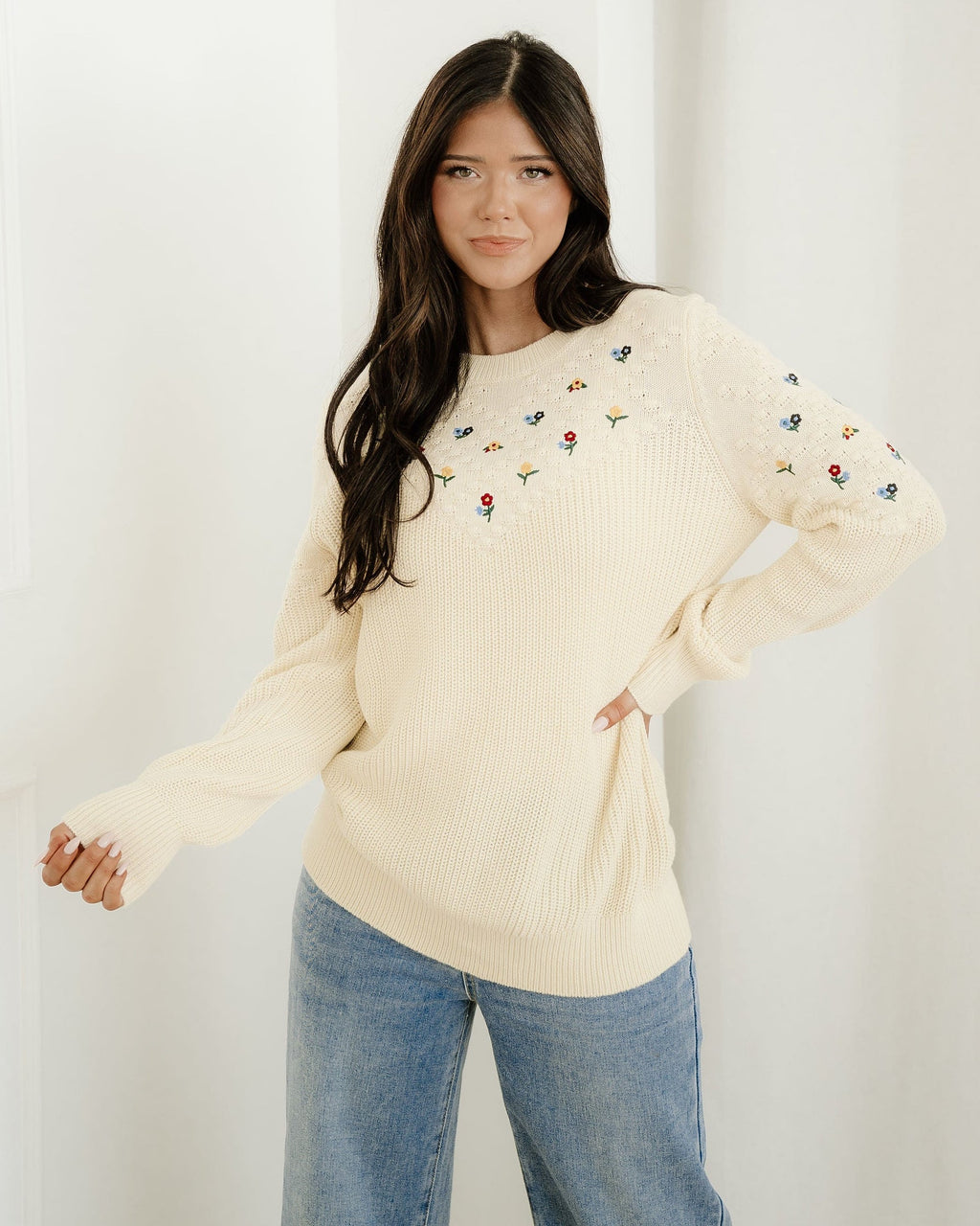 Gemma Mixed Texture Knit Flower Embroidered Detail Casual Sweater