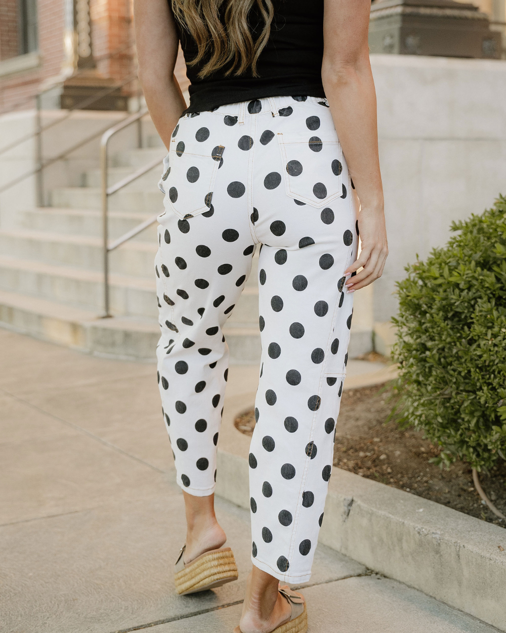 Polka Dot Bow Detail Pocketed Barrel Jeans