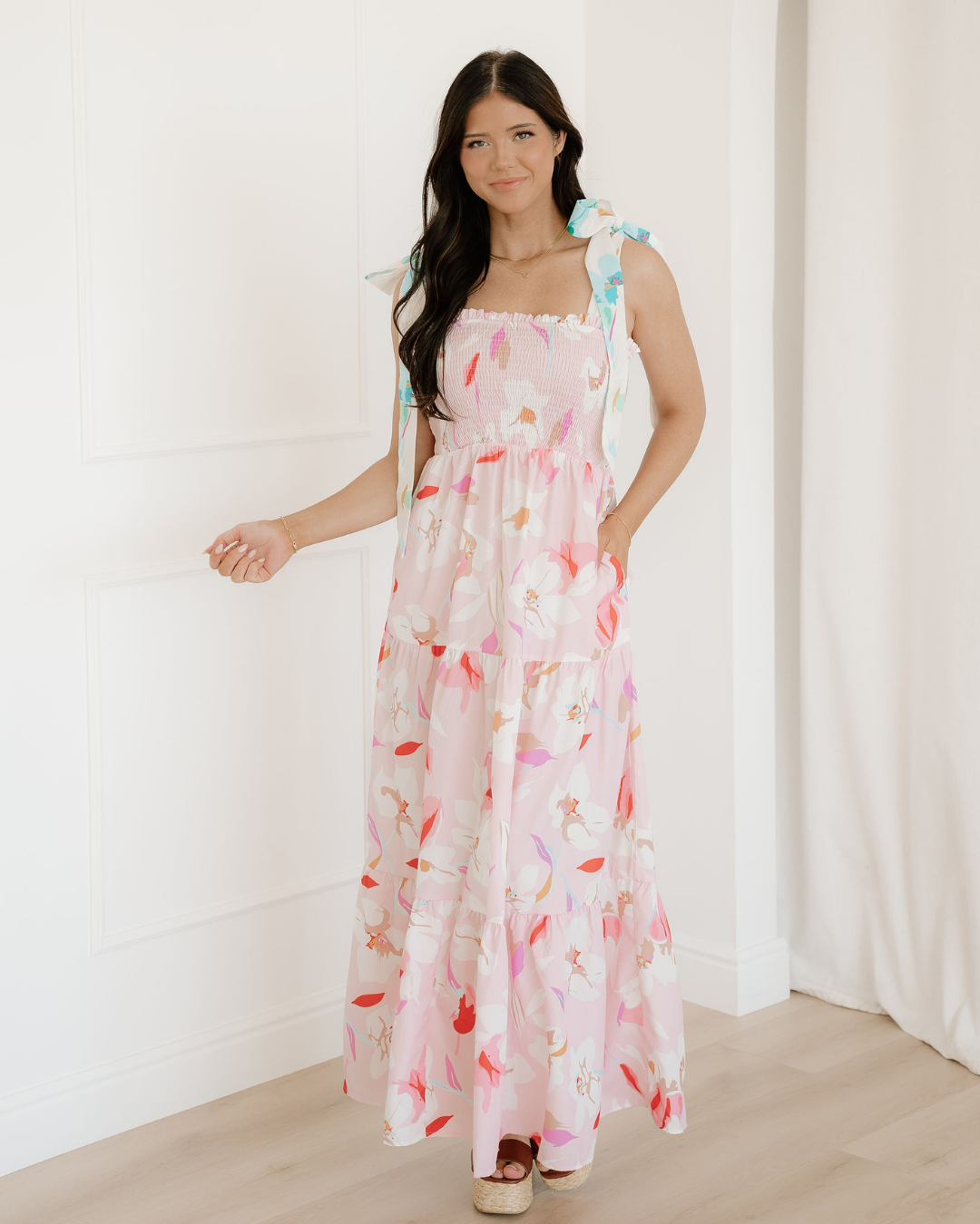 Sunshine Knotted Shoulder Smocked Maxi Dress