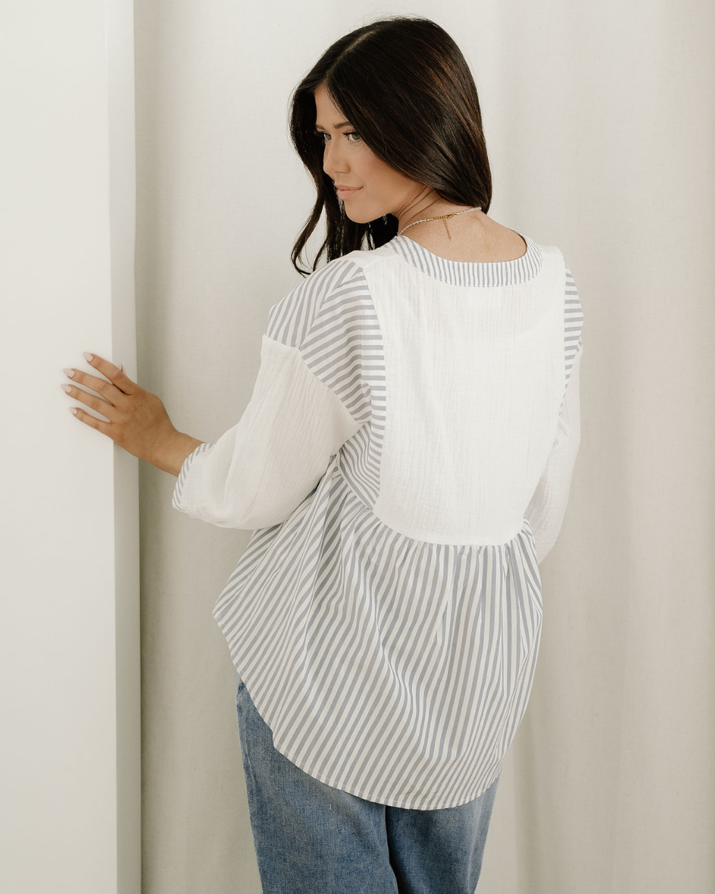 Morgan Half Button Gauze Patchwork Bracelet Sleeve Babydoll Blouse