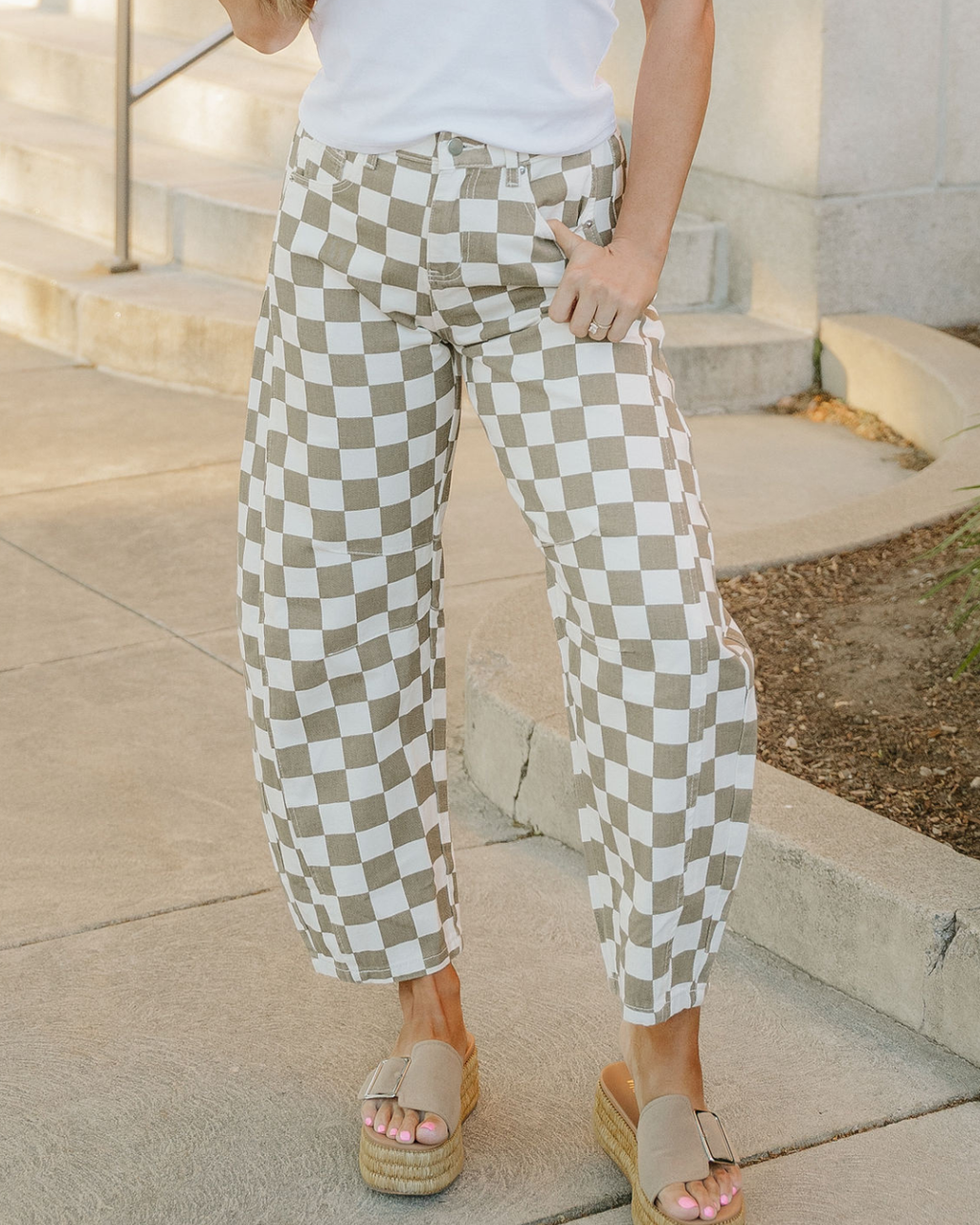 Riley Checkered Print Denim Barrel Pants