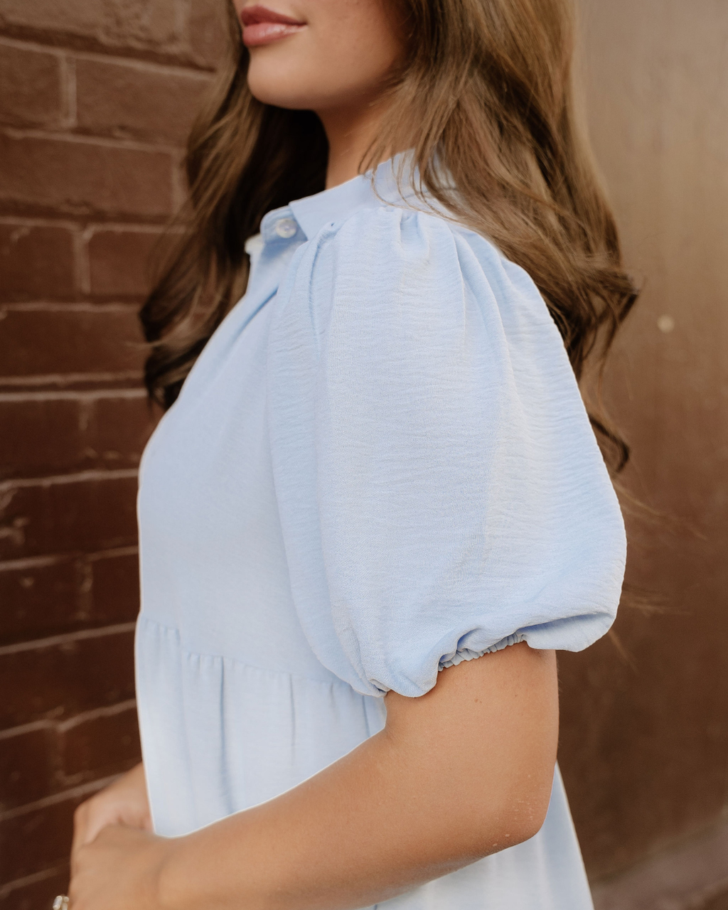 Mimi Button Up Short Puff Sleeve Tiered Shift Dress