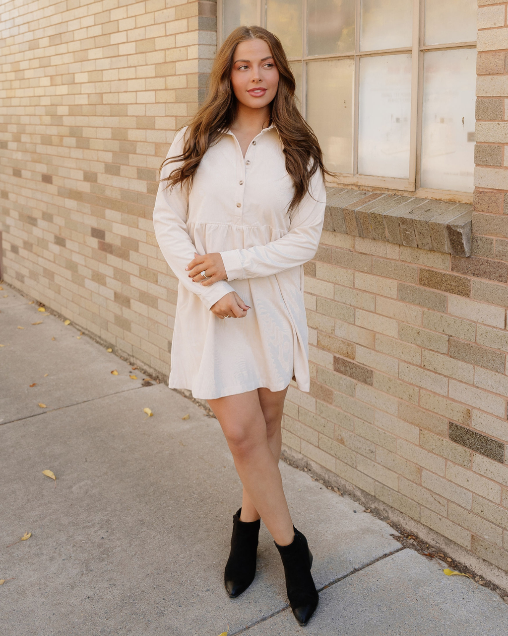 Abigail Corduroy Half Button Collared Long Sleeve Mini Dress