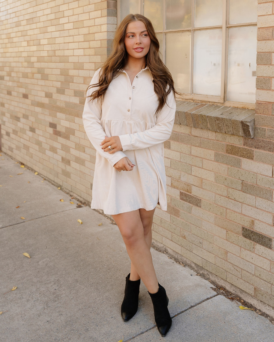 Abigail Corduroy Half Button Collared Long Sleeve Mini Dress