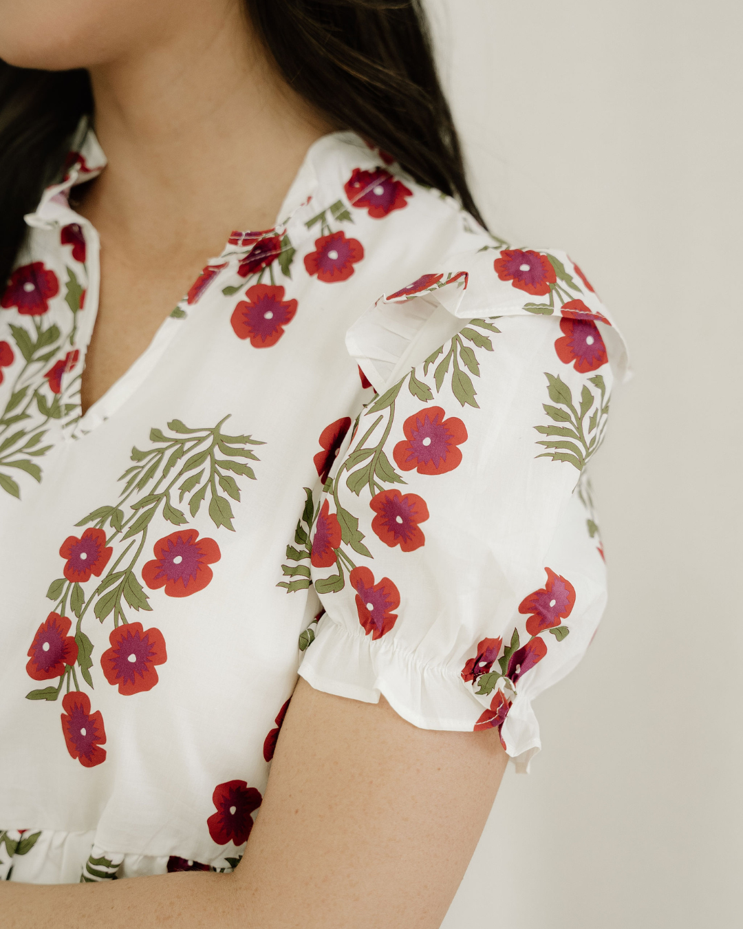 Kali Floral Short Bubble Sleeve Tiered Maxi Dress - Beige