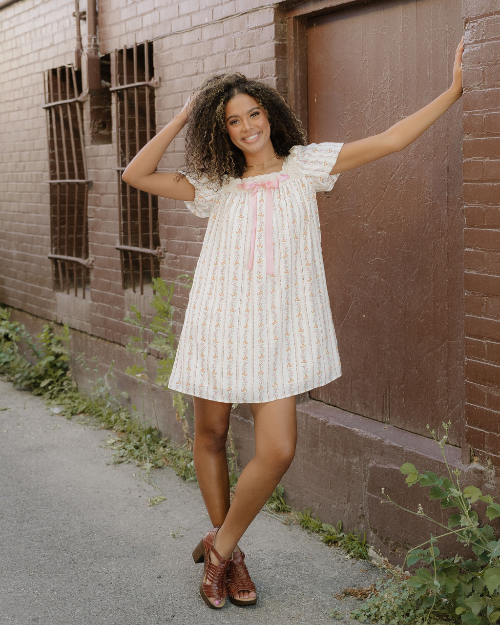 Birdie Ribbon Bow Lace Trim Square Neck Mini Dress