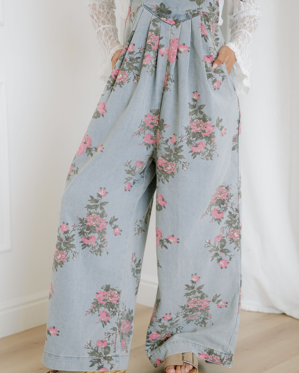 Scottie Floral Print Pleated High Waist Wide Leg Denim Jumpsuit