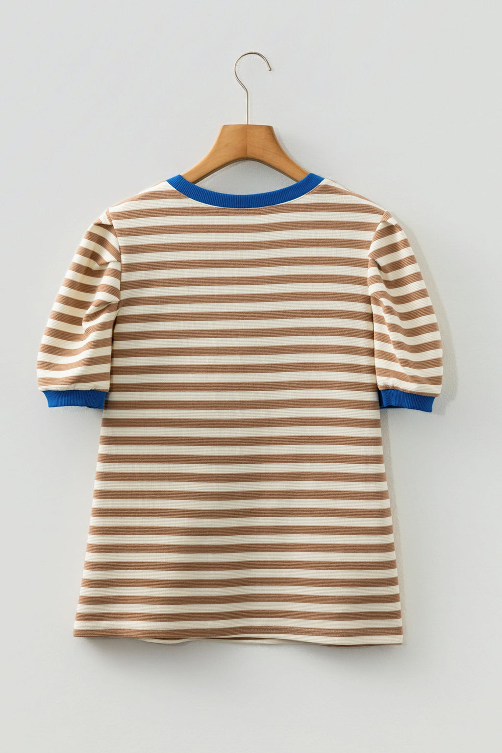 Kimberly Stripe Short Puff Sleeve Contrast Trim Round Neck Tee - Brown
