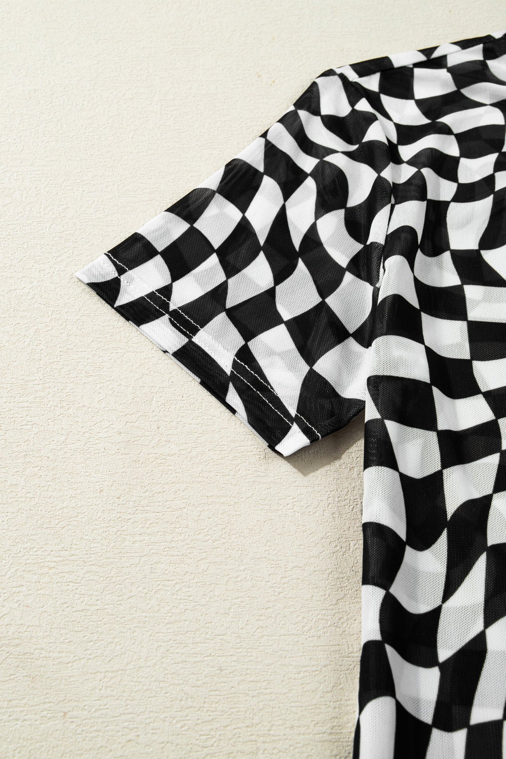Sheer Checkered Mock Neck Mesh Short Sleeve