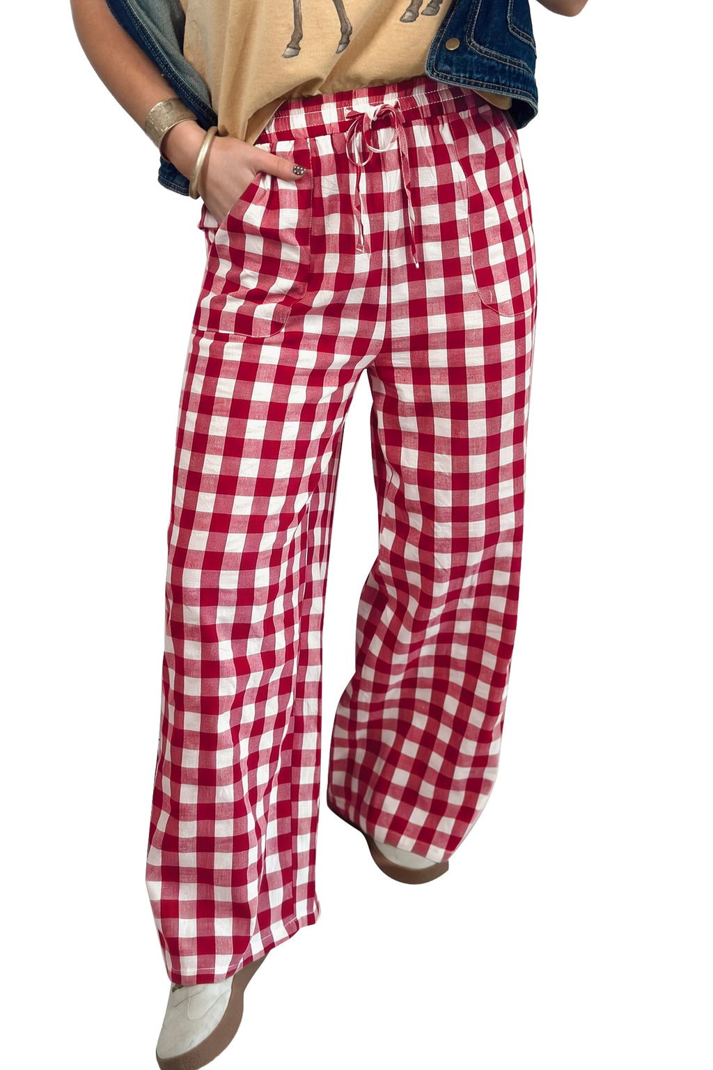 Gingham Tie Elastic Waist Shift Pants