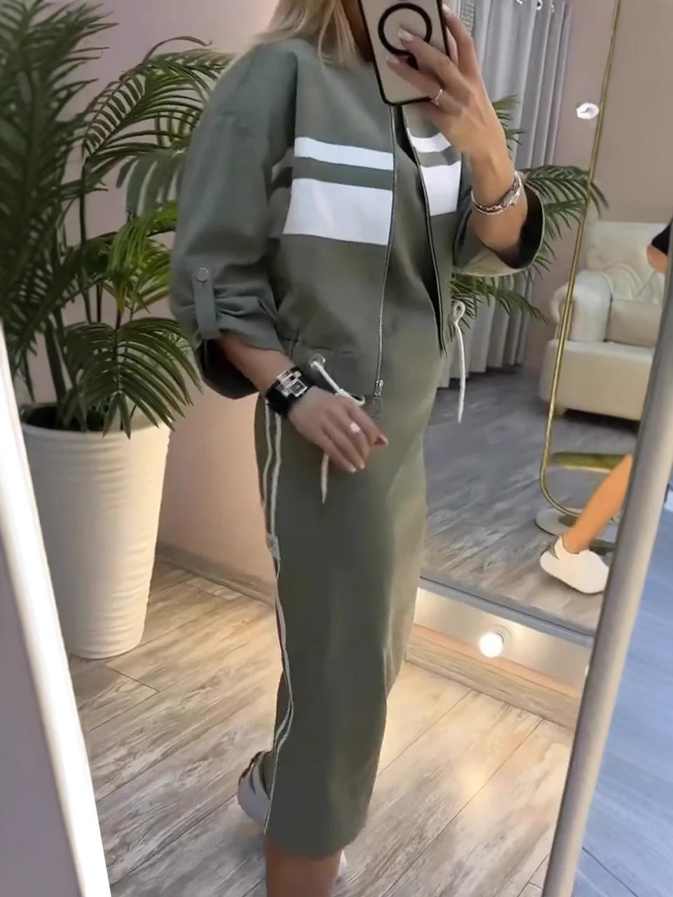 Women's Zip-Up Bomber Track Jacket & Bodycon Midi Dress Set