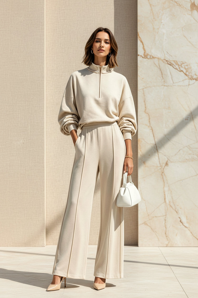 Women's Half-Zip Hoodie & Wide-Leg Pants Set