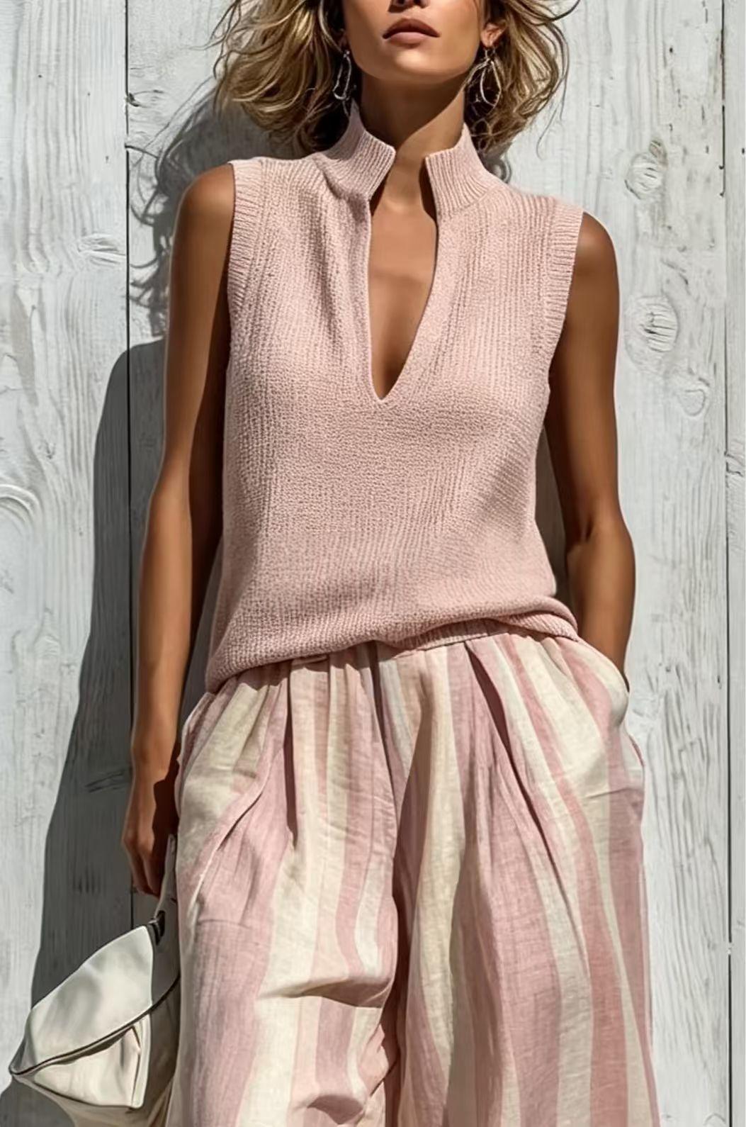 Women's Textured Knit V-Notch Stand Collar Tank & Striped Wide-Leg Palazzo Pants Set