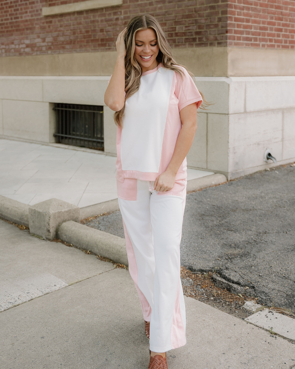 Naylani Color Block Patchwork Tee Drawstring Loose Pant Set