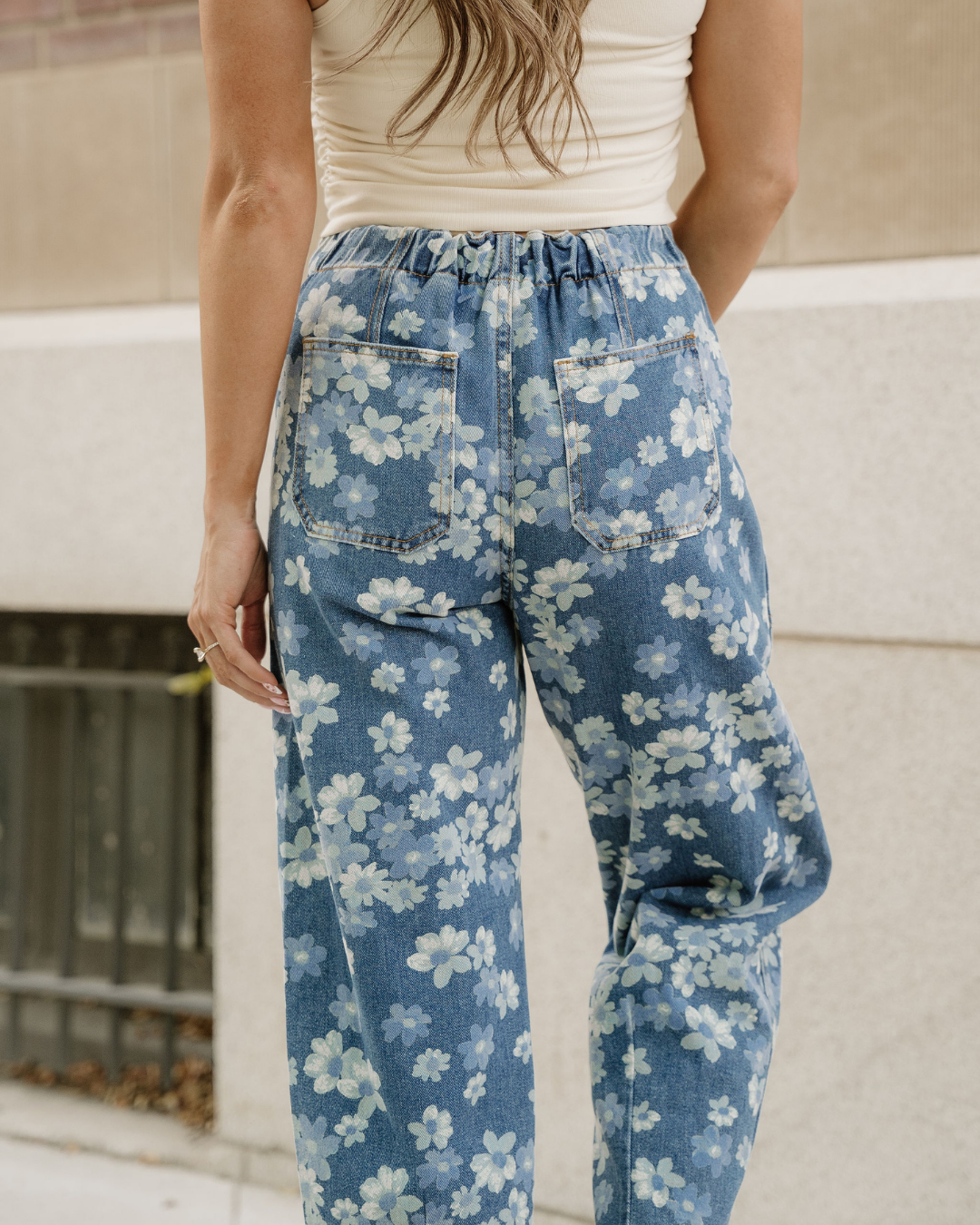 Eliana Floral Printed Drawstring Barrel Jeans