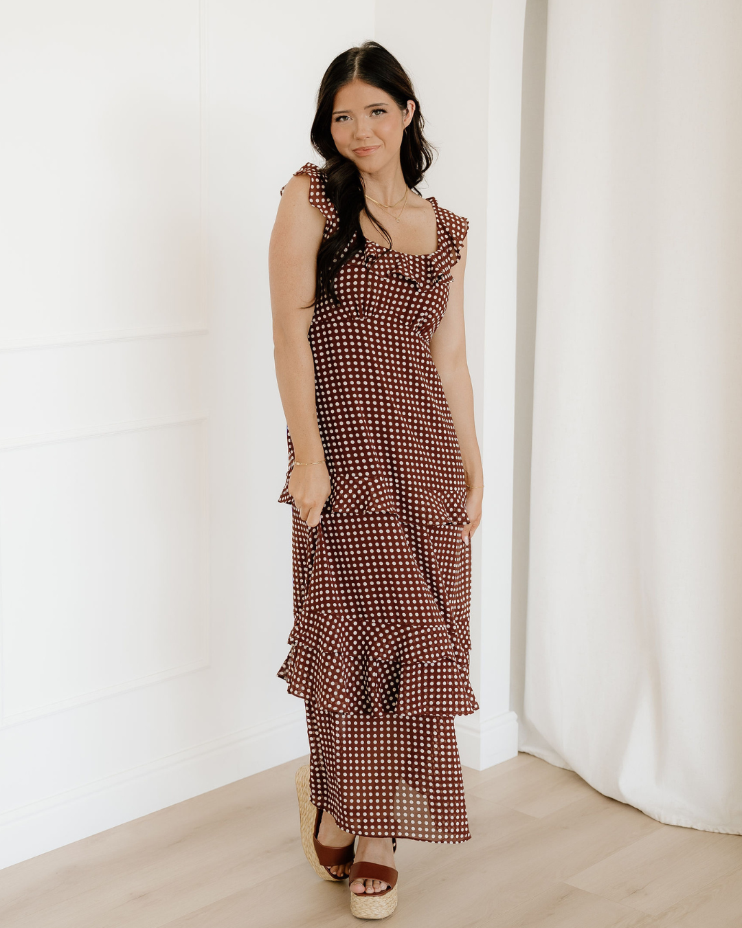 Irene Polka Dot Print Backless Ruffled Tiered Maxi Dress