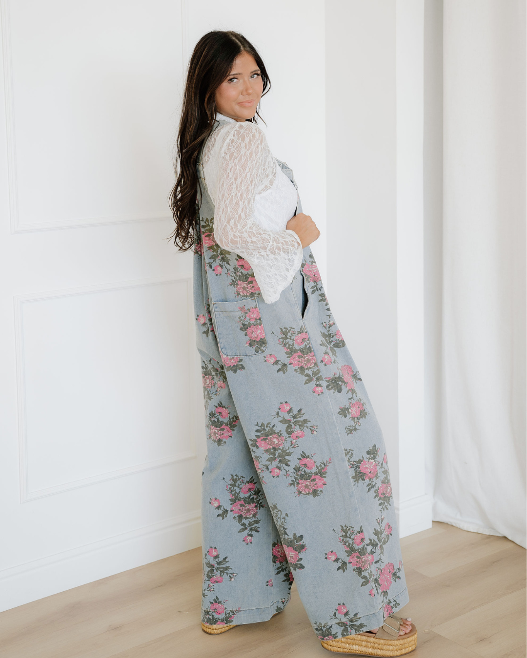 Scottie Floral Print Pleated High Waist Wide Leg Denim Jumpsuit