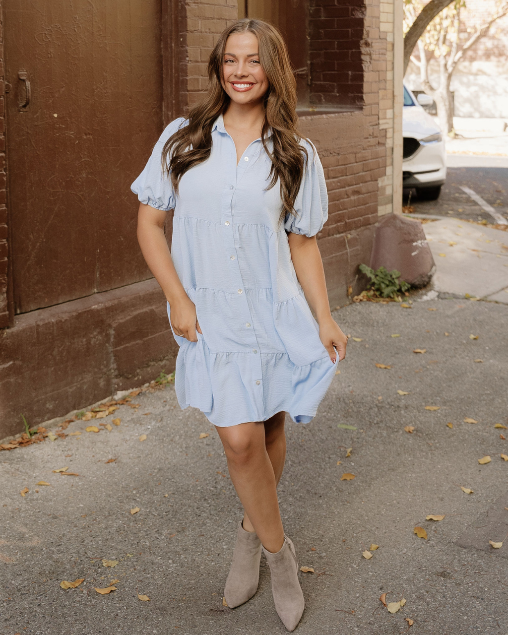 Mimi Button Up Short Puff Sleeve Tiered Shift Dress
