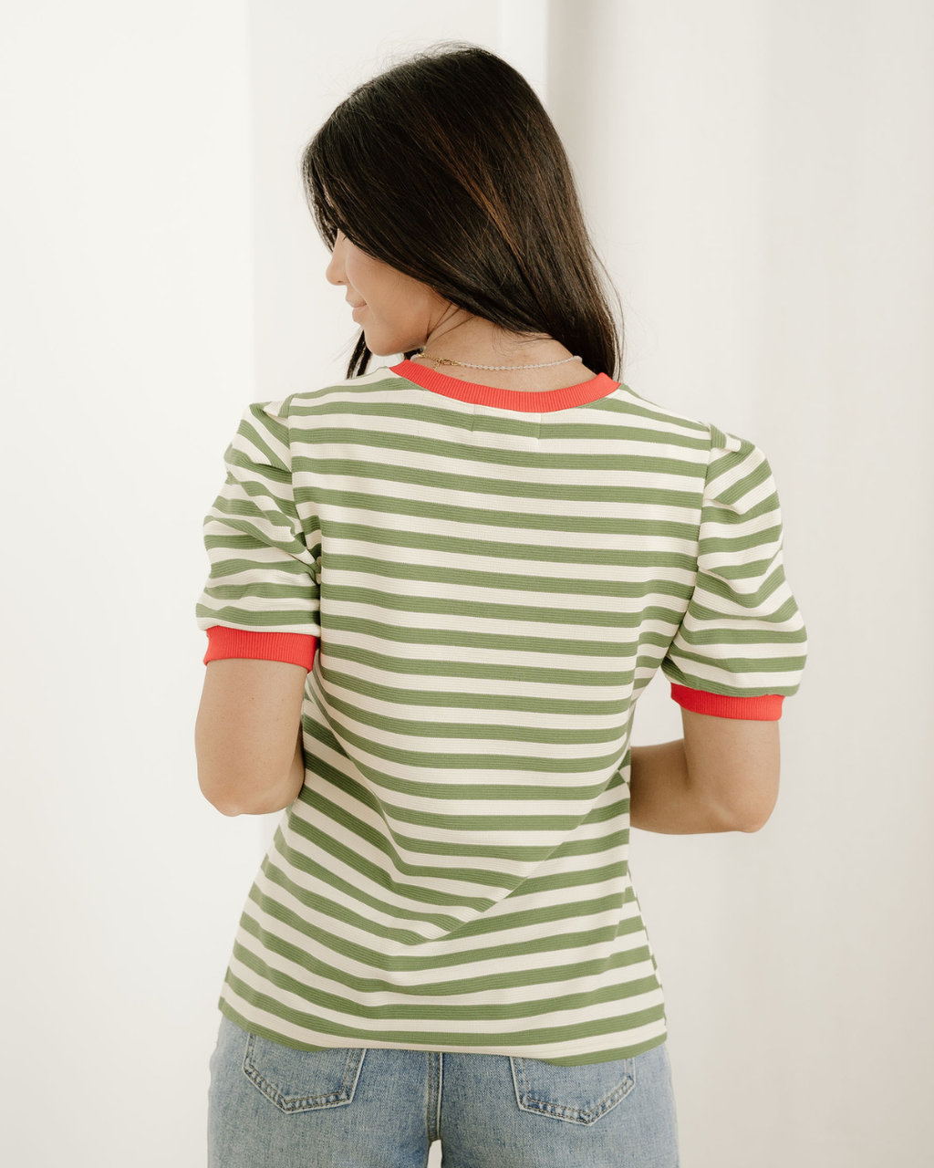 Kimberly Stripe Short Puff Sleeve Contrast Trim Round Neck Tee - Green