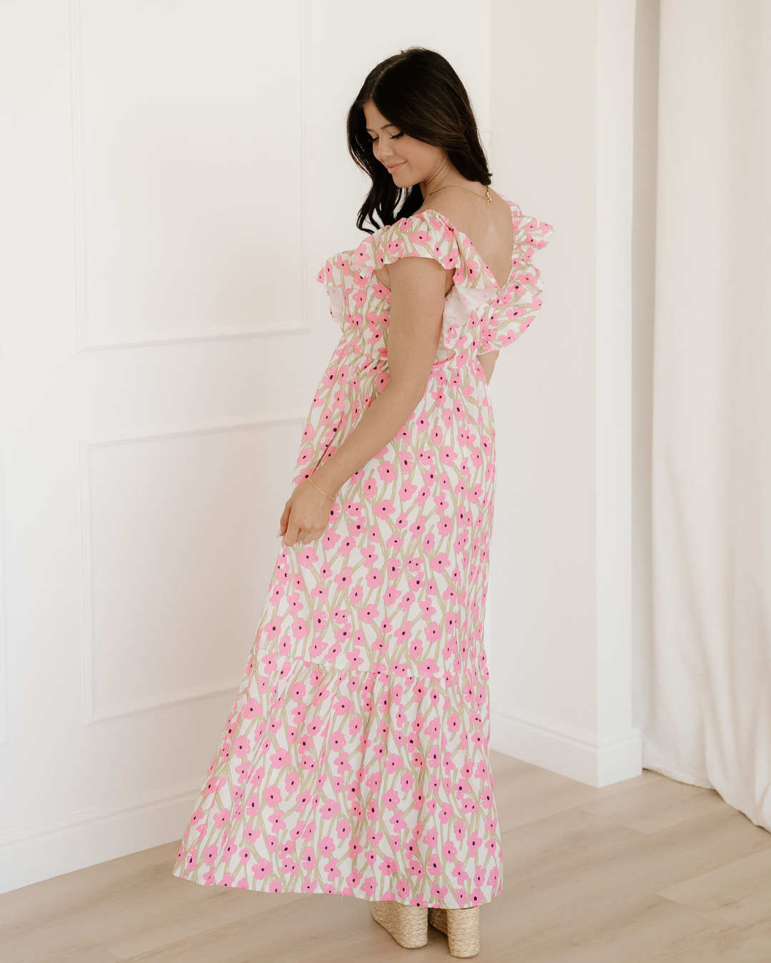 Sunny Floral Print Square Neck Ruffled Strap Maxi Dress