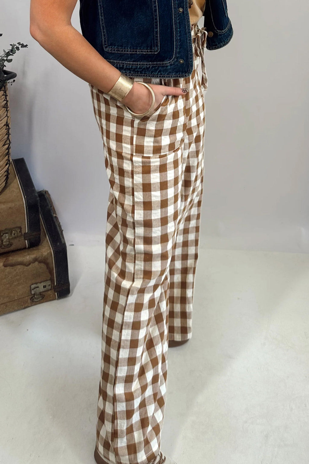 Gingham Tie Elastic Waist Shift Pants