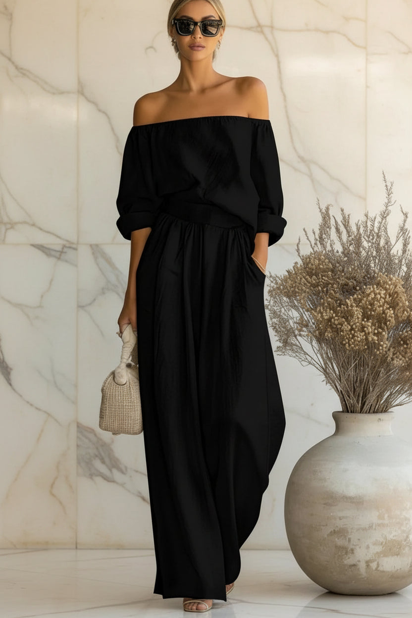 Women's Off-Shoulder Puff Sleeve Blouson Top & High-Rise Wide-Leg Pants Set