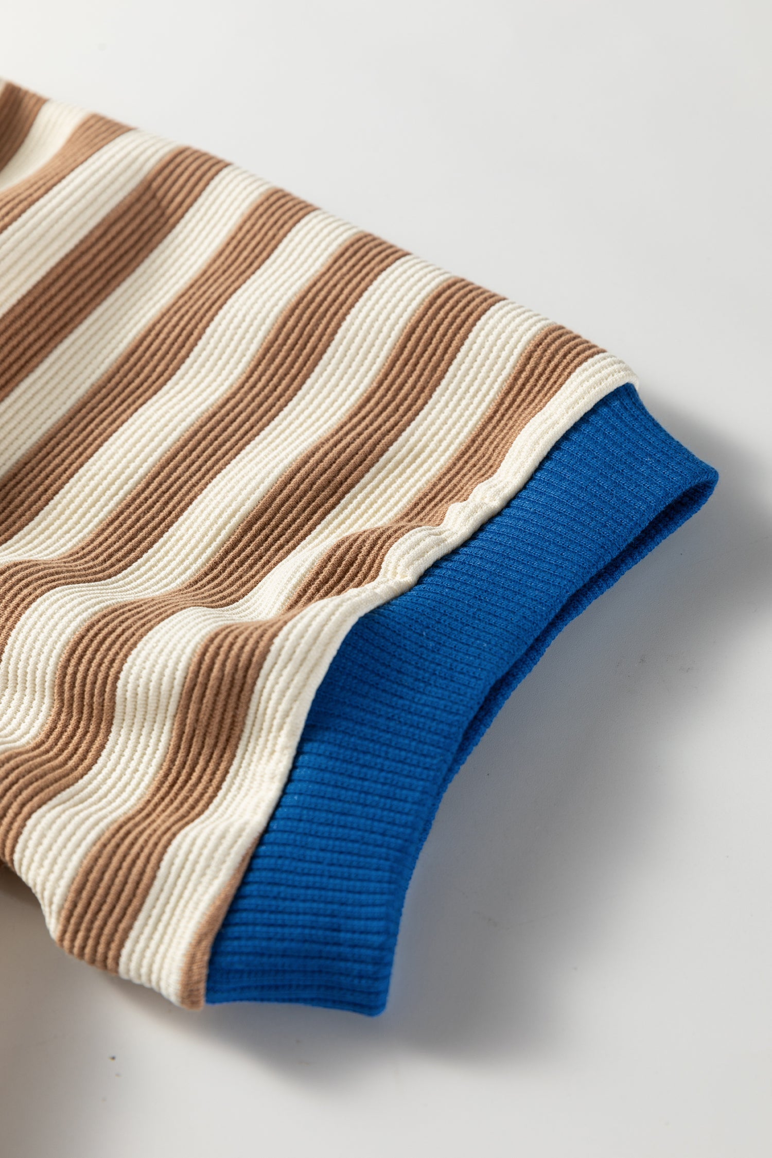 Kimberly Stripe Short Puff Sleeve Contrast Trim Round Neck Tee - Brown
