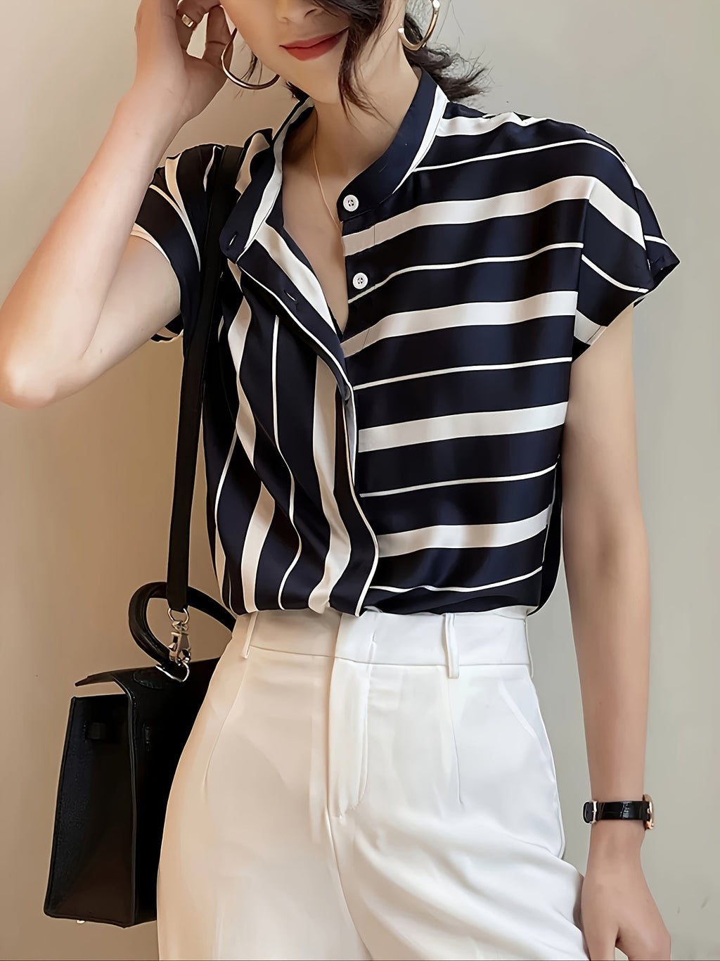 Elegant Striped Short Sleeve Blouse - Polyester, Asymmetrical Hem, Stand Collar, Machine Washable - Ideal for Spring & Summer Casual or Dressy Looks