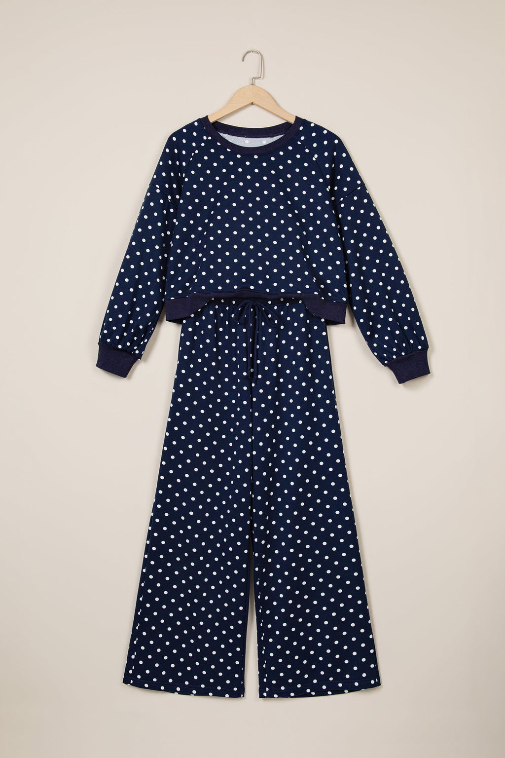 Jane Polka Dot Drawstring Wide Leg Long Sleeve Top Pant Set