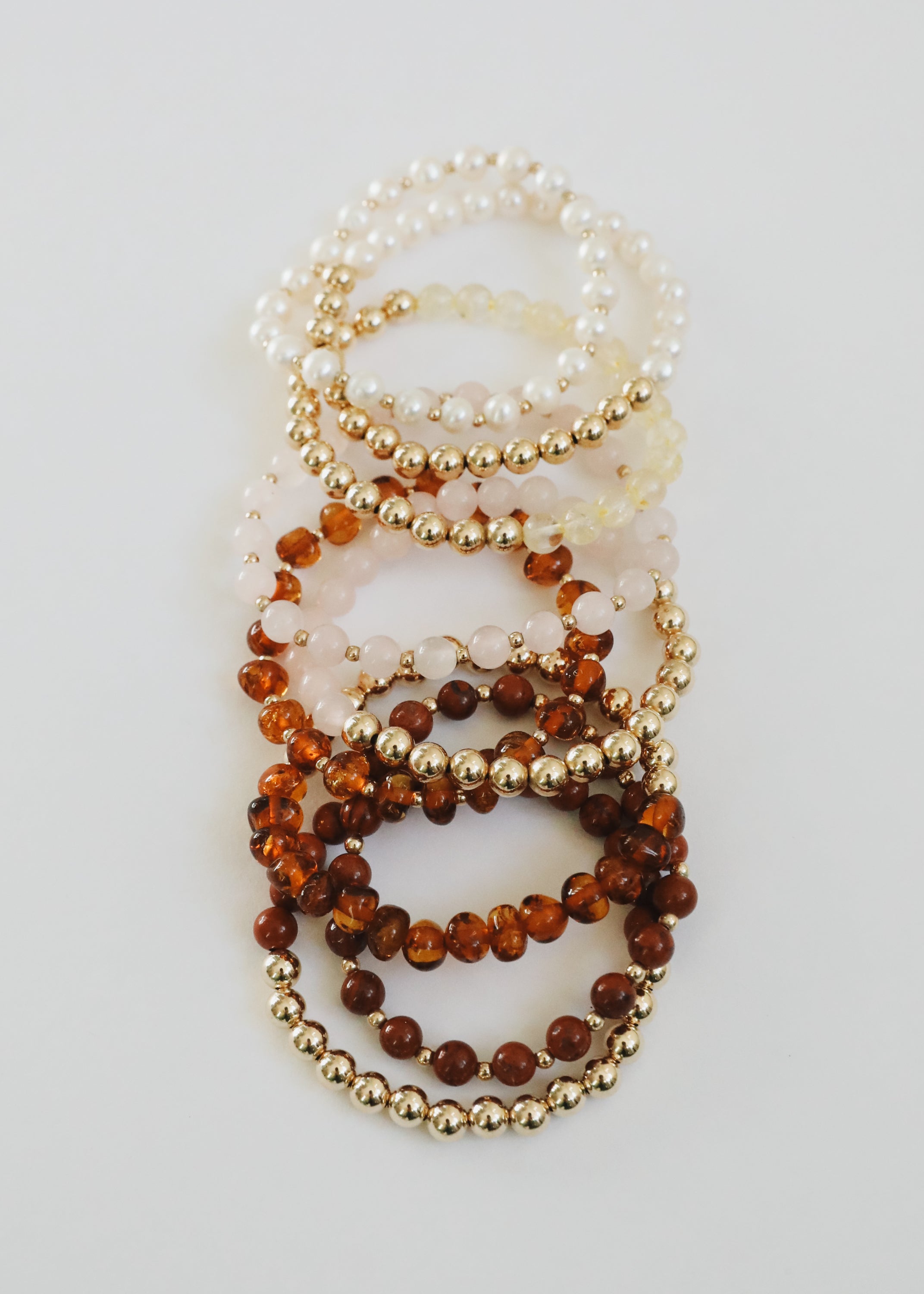 Rose Quartz : 14k Gold Filled Sun + Moon || Stretch Bracelets