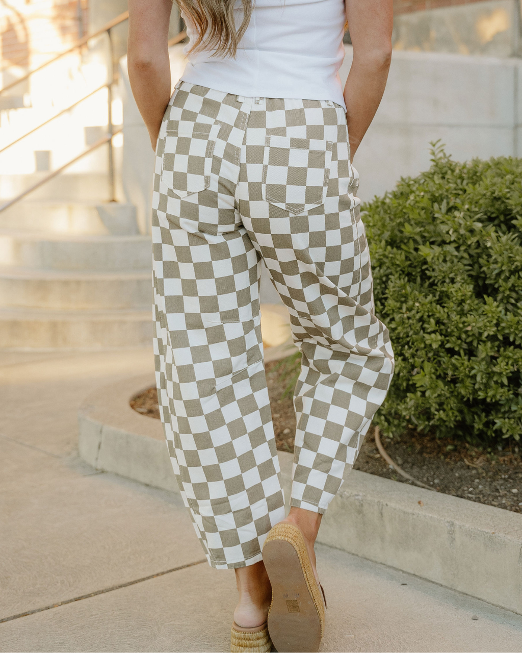 Riley Checkered Print Denim Barrel Pants