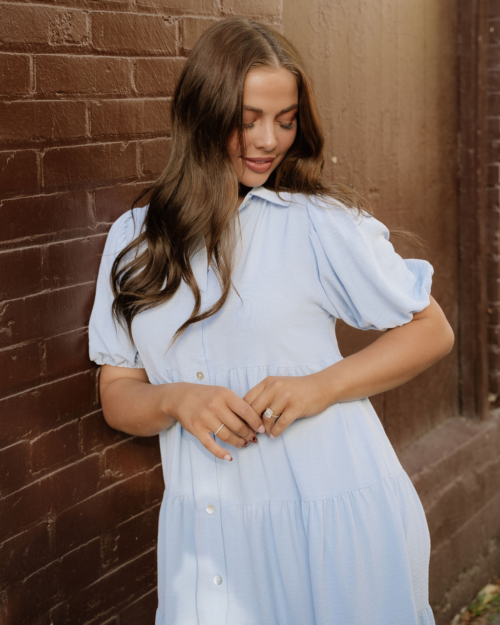 Mimi Button Up Short Puff Sleeve Tiered Shift Dress