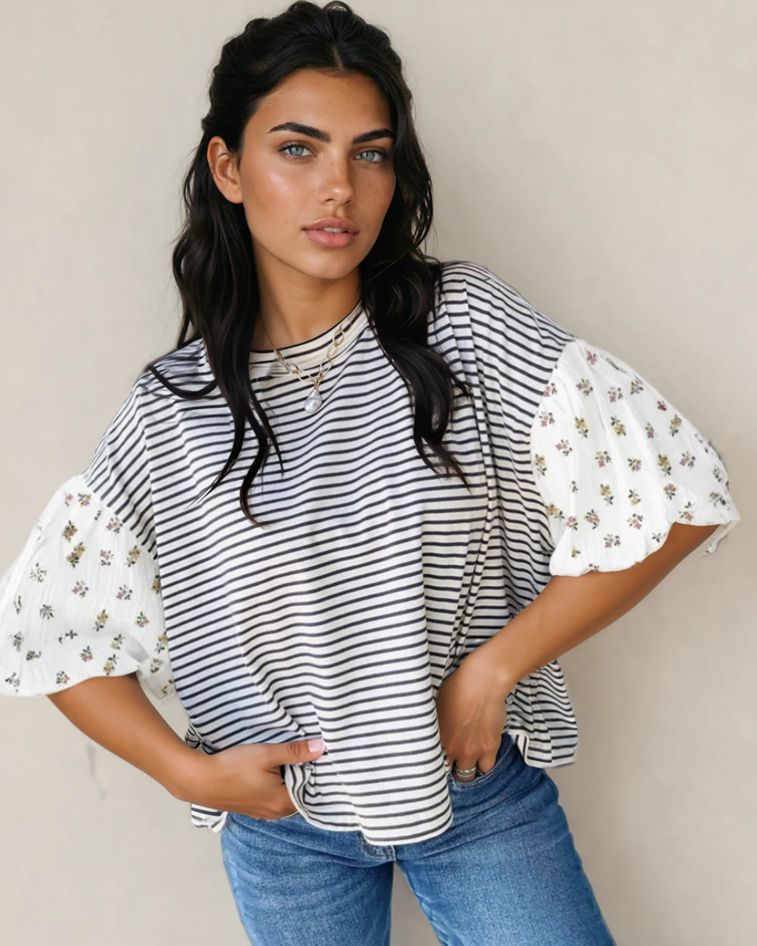 Aviva Puff Sleeve Patchwork Round Neck Loose Top - Black
