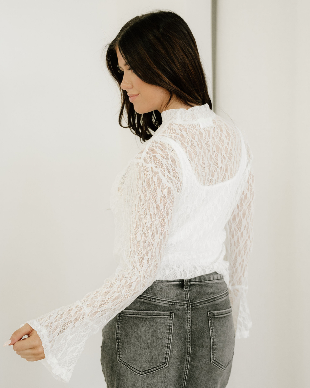 Amara Sheer Lace Bell Sleeve Mock Neck Blouse