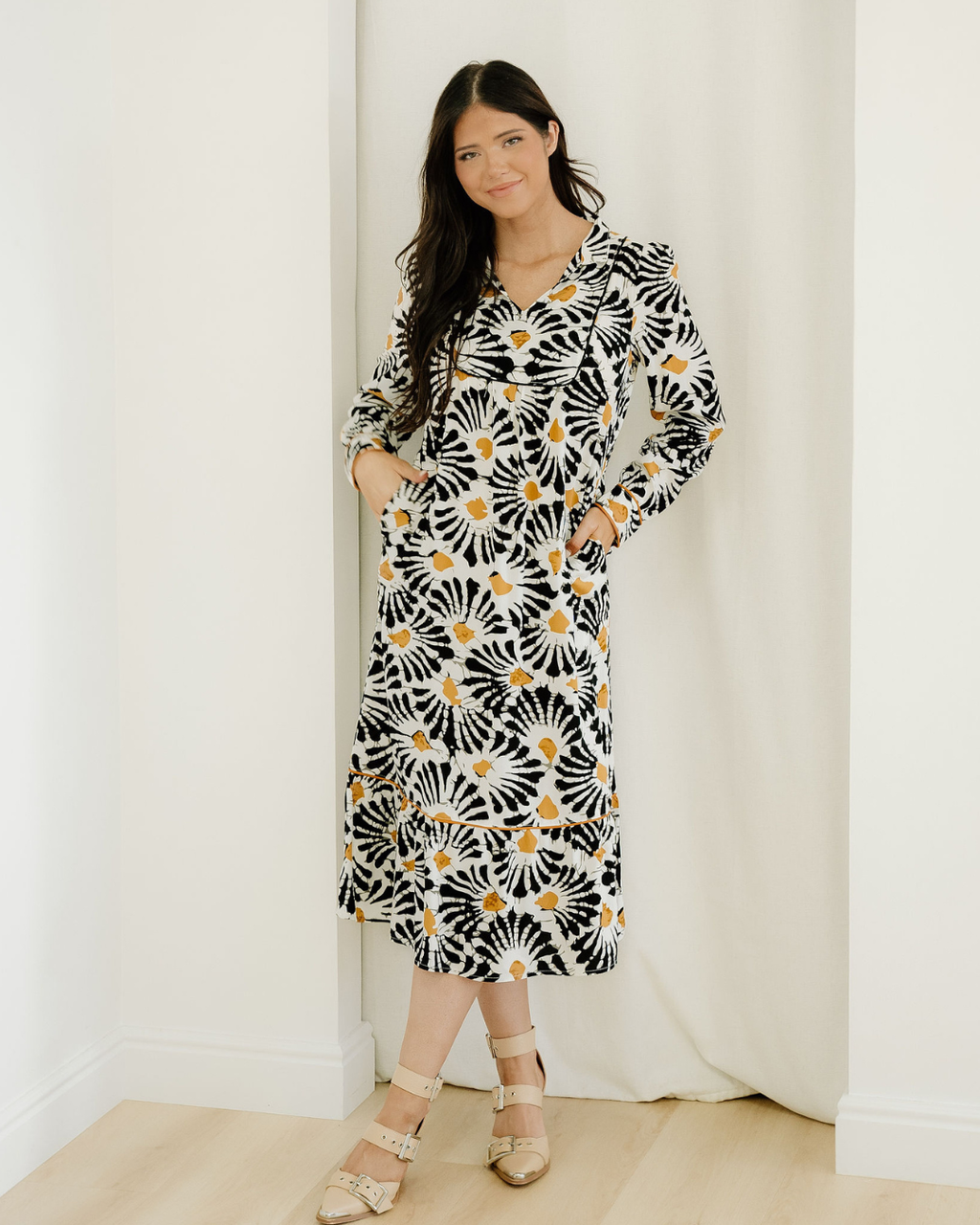 Lucille Split V Neck Long Dress with Sleeves